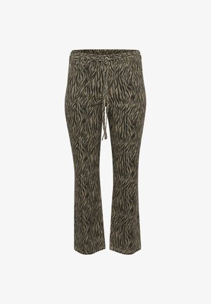 Hlače s elastičnim pojasom i vezicom u khaki i bež zebrinom uzorku. Srednji struk, dizajn s raširenim nogavicama, mekana tekstura. Pogodne za svakodnevno nošenje.