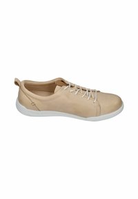 Beige leather sneaker with white laces, rounded toe, and a white rubber sole. Features a back tab for easy wear and minimal stitching details.