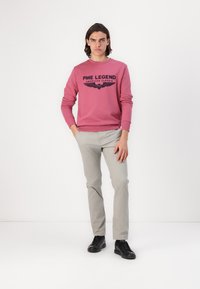 Różowa bluza z napisem "PME LEGEND" oraz graficznym motywem skrzydeł, zestawiona z jasnoszarymi spodniami i czarnymi sneakersami. Model stoi na białym tle.