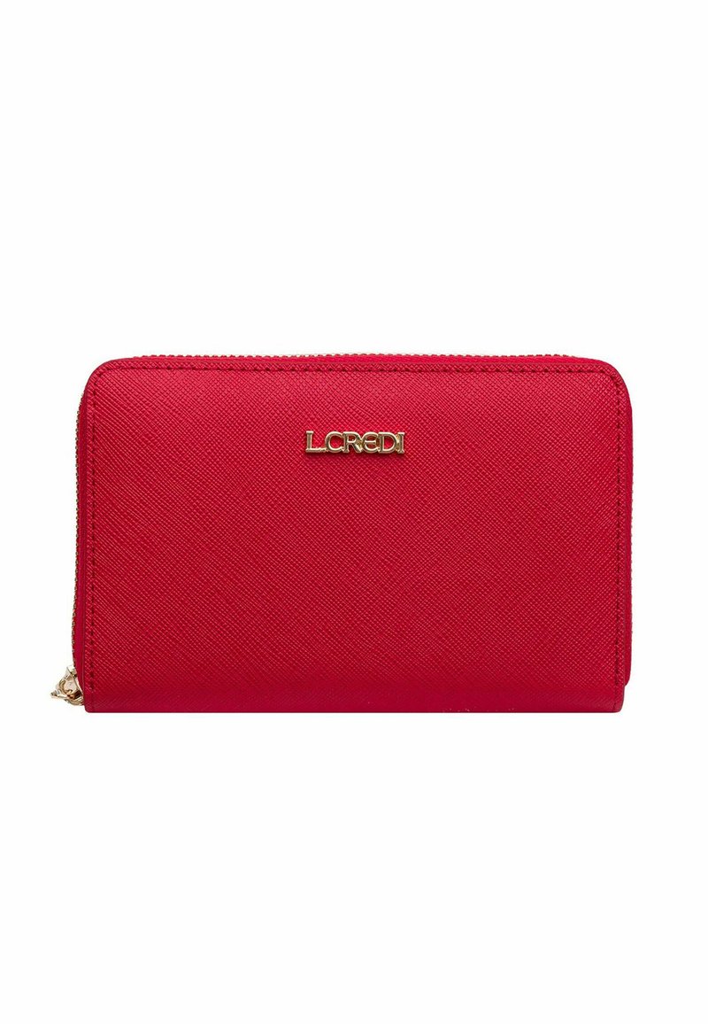 Red zippered wallet made from textured material with a gold logo. Features clean lines and a rectangular shape, designed for organization.