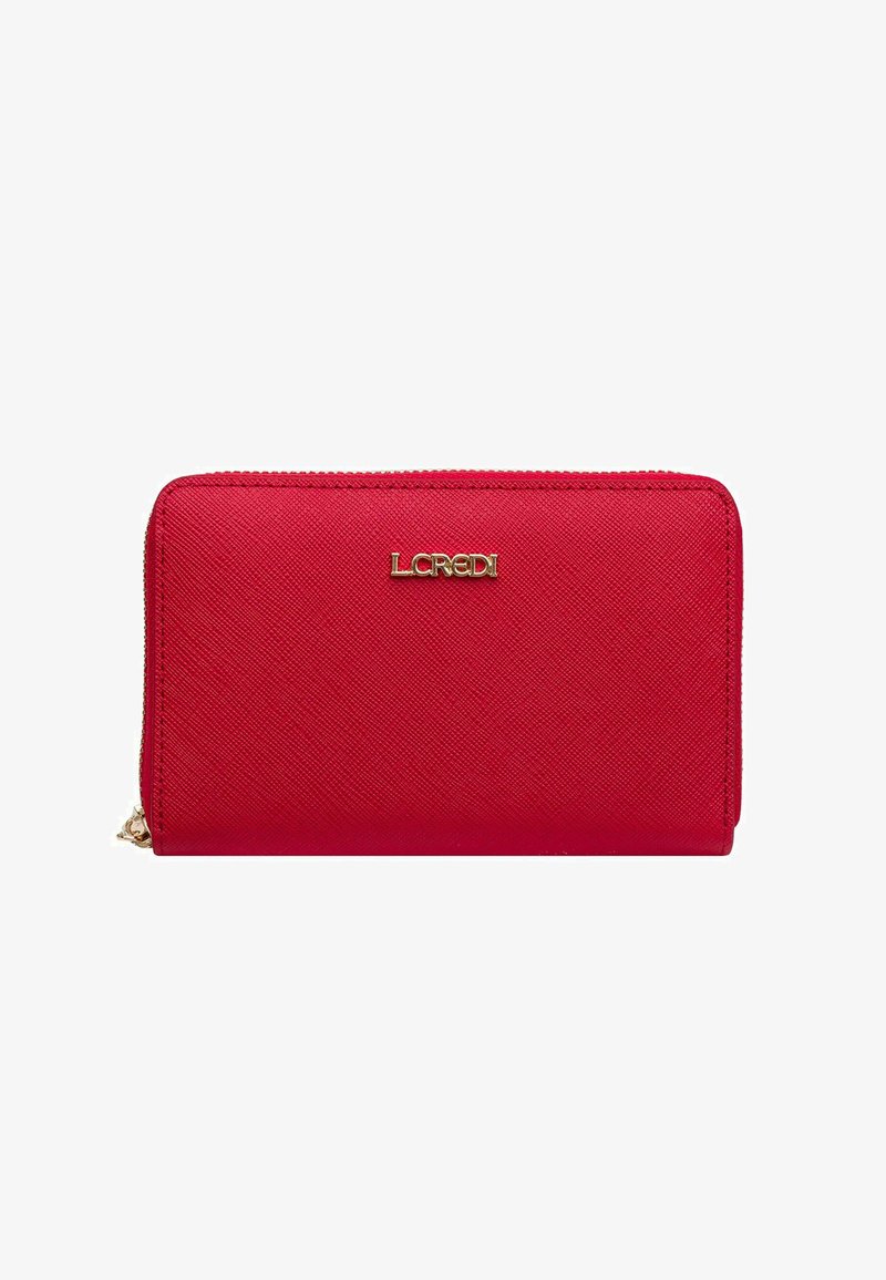 Roter Reißverschluss-Geldbeutel aus strukturiertem Material mit goldener Logo. Merkmale klare Linien und eine rechteckige Form, entworfen für Ordnung.