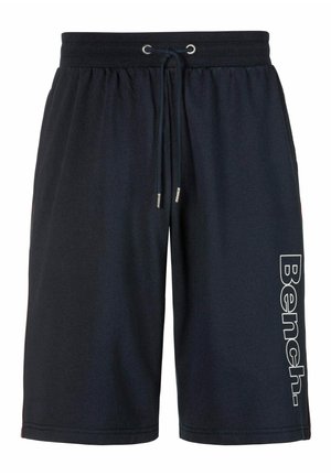 Dunkelblaue Sportshorts aus elastischem Stoff mit einem elastischen Bund, ausgestattet mit einem Kordelzug und einem weißen Logo, das an der Seite aufgedruckt ist.