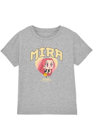 Grey short-sleeve t-shirt with "MIRA" text above a pink-haired anime girl holding a microphone inside a heart, and "KPOP Demon Hunters" below.