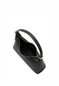 Black leather handbag with a textured surface, gold zipper, and a flat shoulder strap. Open top reveals a spacious black fabric interior.