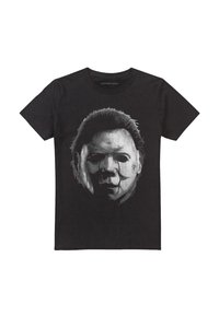 Black cotton t-shirt featuring a graphic print of a masked face in white and gray, with details like hair texture and facial features.