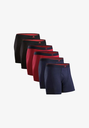 Seks par herreboxershorts i sort, rød og navy. Bomuldsblanding med kontrastfarvede elastikbånd i taljen, der har et lille logo.
