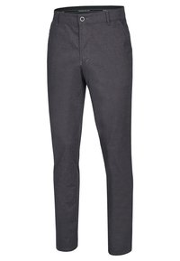 Szare wplecione spodnie o gładkiej fakturze, z zapięciem na guzik, dwoma przednimi kieszeniami oraz dopasowanym krojem.