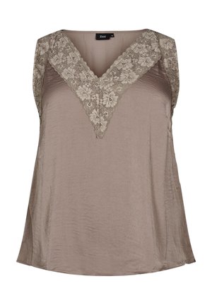 Ärmlös topp i ljus taupe, med V-neutral och blommig spetsdetalj. Slät textur, avslappnad passform och springor i sidorna vid fållen.