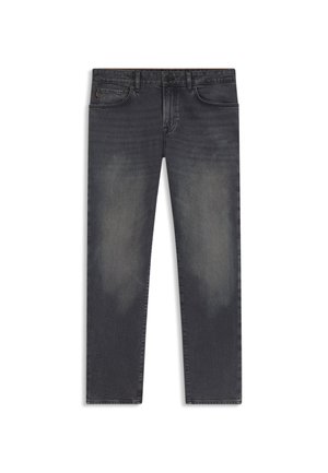 Jeans in denim grigio scuro con design a gamba dritta. Presentano una leggera scoloritura sulle cosce e dettagli classici delle tasche.