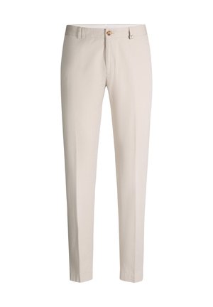 Pantaloni beige a gamba dritta con passanti per cintura, chiusura con bottone e targhetta con logo metallico davanti in vita.