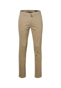 Beige Chinos mit geradem Schnitt, aus glattem Baumwollmaterial, mit Reißverschluss, Knopfverschluss und Seitentaschen.