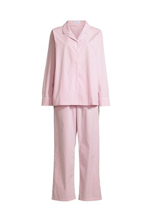 Ensemble de pyjama rose à rayures comprenant un haut à col, à boutons avec des manches longues et un pantalon long assorti, fabriqué à partir d'un tissu doux au toucher lisse.