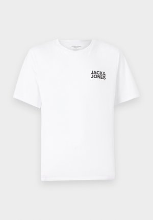 Fehér pamut póló, rövid ujjú, kerek nyakkivágással. A bal mellrészen található a fekete "JACK & JONES" feliratú logó. Egyszerű, sima dizájn.