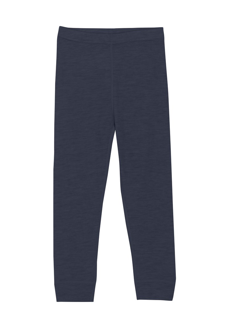 Mörkblå leggings i mjukt tyg, med en åtsittande design och elastisk midja, som smalnar av vid ankeln utan synliga sömmar.