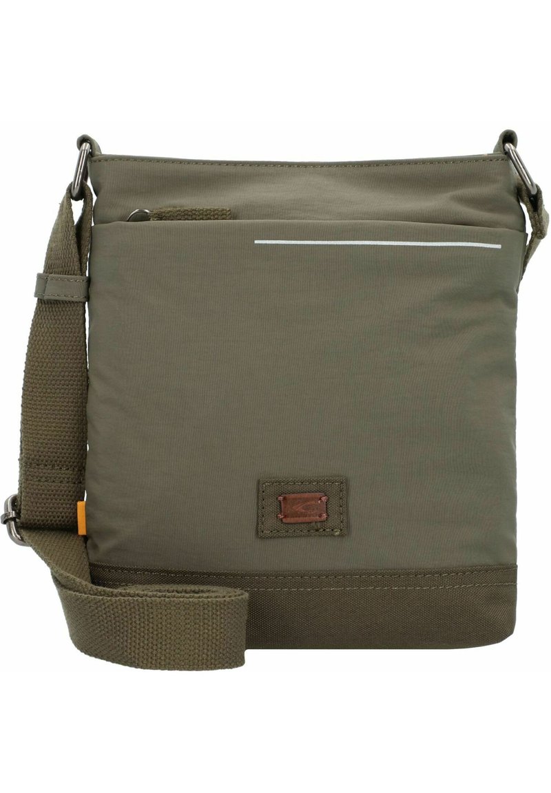 Borsa a tracolla in tela verde oliva con superficie testurizzata, tracolla regolabile e tasca frontale con zip e accentuazione riflettente.