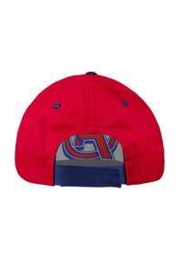 Red baseball cap with a navy adjustable strap and embroidered logo inside. Cotton material with a structured shape. Plain back design.