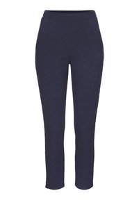 Navy ribbed trousers with a fitted waistband and straight cut, featuring a textured surface and mid-calf length.