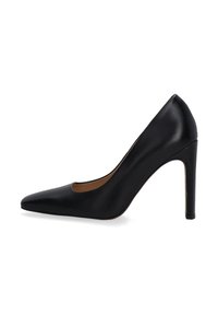 Black leather high heel pump with a pointed toe and a curved cutout. Features a slim stiletto heel and smooth finish for sleek appearance.