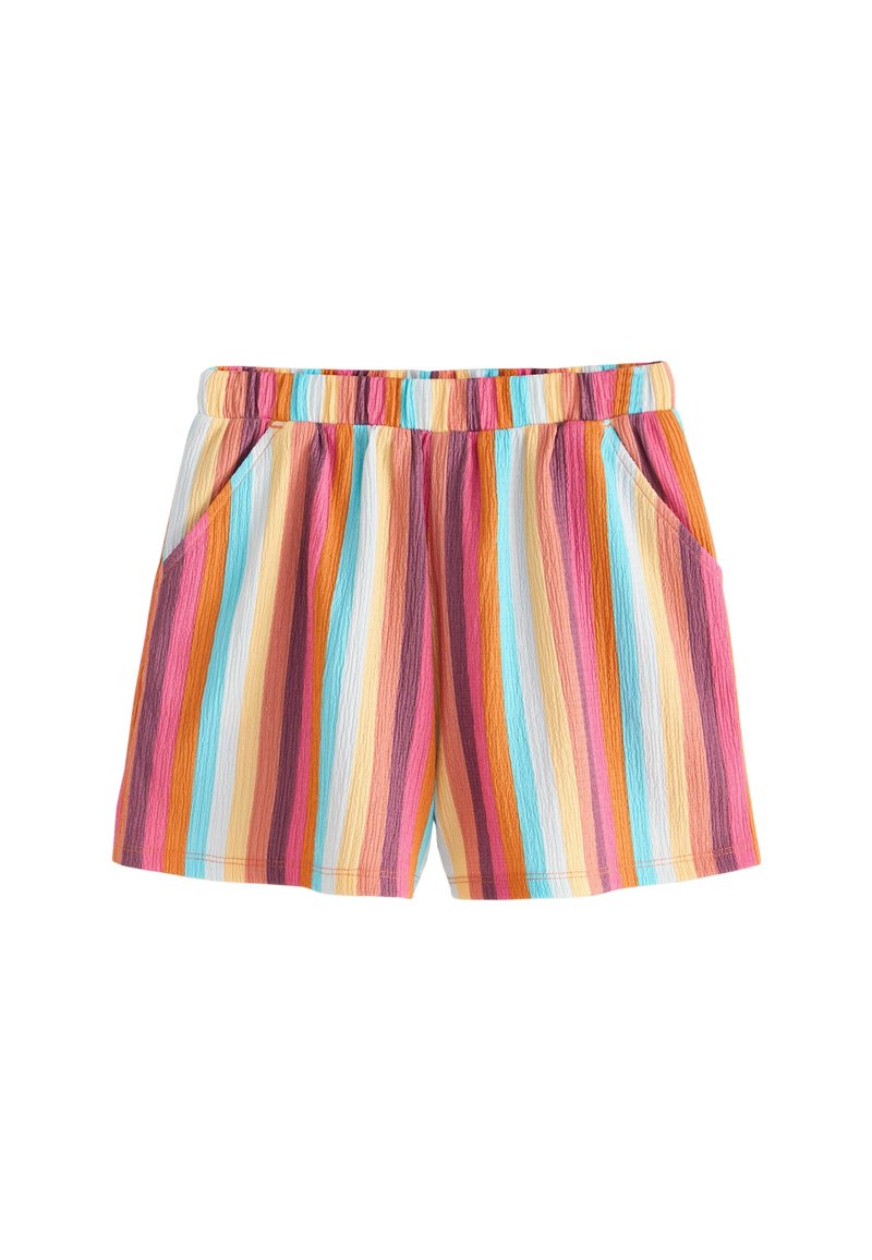 Shorts tissés colorés avec des rayures verticales en rose, orange, bleu et crème, dotés d'une taille élastique et de poches latérales.