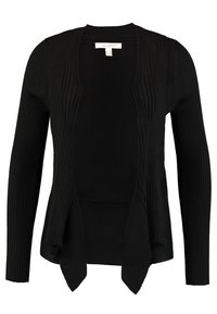 Czarny prążkowany kardigan otwarty z długimi rękawami i zwisającym dołem.