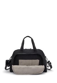 Black fabric duffel bag with contrasting grey front pocket, dual handles, and detachable shoulder strap; features zipper closure and exterior accents.