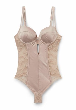 Body de encaje color nude con copas acolchadas, tirantes dobles ajustables, detalle en V en la parte frontal y cierre de broches en la entrepierna.