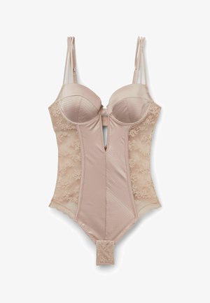 Tělové krajkové body s vyztuženými košíčky, nastavitelnými dvojitými ramínky, V- výstřihem vpředu a zapínáním na druky v rozkroku.