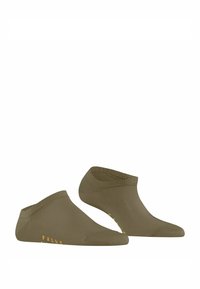 Skarpetki ankle w kolorze oliwkowym o gładkiej fakturze. Zawierają ściągacz i pomarańczowe logo "FALKE". Niski krój dla minimalnej widoczności.