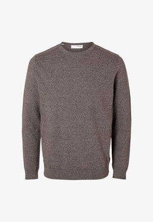 Suéter cinza de gola redonda feito de material de malha suave. Apresenta mangas longas e punhos e bainha canelados. Sem padrões ou detalhes visíveis.