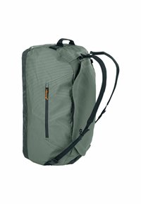 Green fabric backpack with a textured surface, black accents, side zipper pocket with orange pull tab, dual adjustable straps, and a top handle.