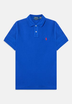 Blue cotton polo shirt with a classic collar, two-button placket, short sleeves, and a red embroidered logo on the left chest.