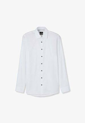 Weißes langärmliges Hemd aus leichtem Stoff mit einem klassischen Kragen, sieben schwarzen Knöpfen und einem abgerundeten Saum.