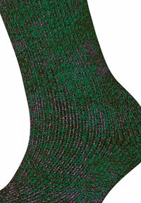 Dzianinowa skarpetka w odcieniach zieleni i fioletu, o kształcie żebrowanym i zwartym wzorze, podkreślająca trwałość i elastyczność.