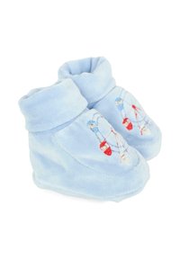 Stivaletti morbidi di colore blu, realizzati in tessuto morbido, con un risvolto e design ricamati di mongolfiere rosse e blu.