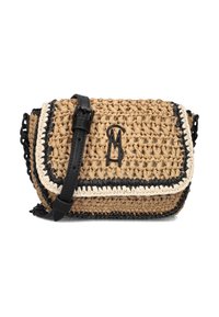 Geweven strooien schoudertas in natuurlijk en zwart met een crème accent, voorzien van een gestructureerde afwerking en een afneembare leren schouderband.