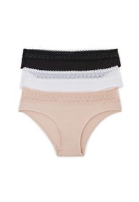 Ensemble de trois slips en coton pour femmes en noir, blanc et chair. Dispose d'une bordure en dentelle à la taille, avec une texture lisse et douce.