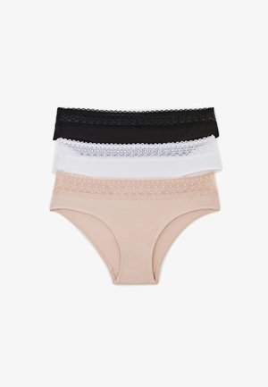 Ensemble de trois slips en coton pour femmes en noir, blanc et chair. Dispose d'une bordure en dentelle à la taille, avec une texture lisse et douce.