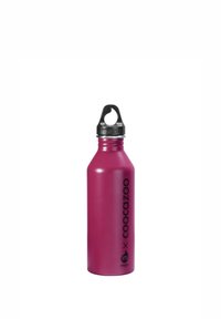 Stainless steel water bottle, matte fuchsia finish, black screw-top lid with loop, features "mizu" and "coocazoo" branding in black.