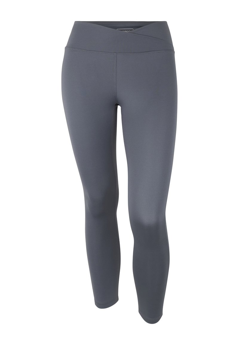 Leggings deportivos grises con una pretina alta y cruzada. Hechos de material liso y elástico, con costuras planas para mayor comodidad.