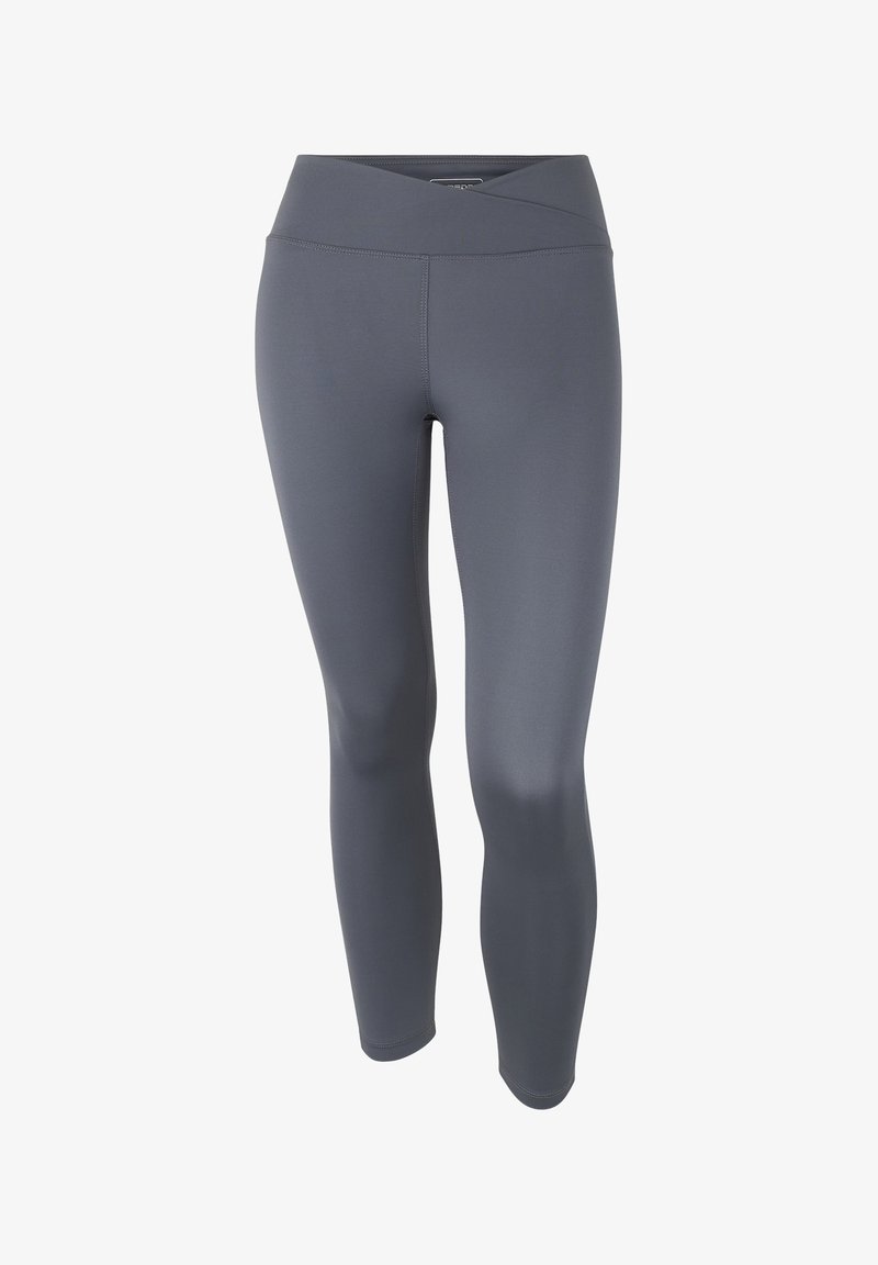 Leggings deportivos grises con una pretina alta y cruzada. Hechos de material liso y elástico, con costuras planas para mayor comodidad.