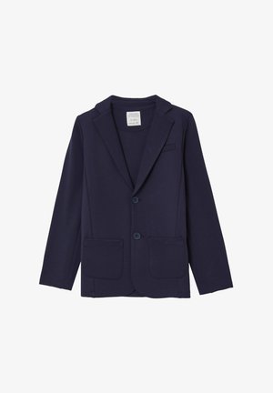 Blazer blu navy realizzato in tessuto liscio, con revers a sagoma, chiusura a bottoni, due tasche frontali e una tasca sul petto.