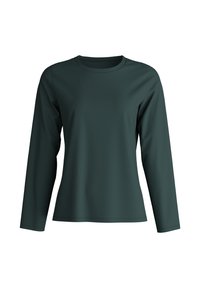 Langemouwen shirt in donkergroen, gemaakt van gladde stof; heeft een ronde halslijn en een aangesloten silhouet met minimale naden.