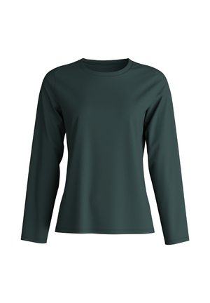 Langemouwen shirt in donkergroen, gemaakt van gladde stof; heeft een ronde halslijn en een aangesloten silhouet met minimale naden.