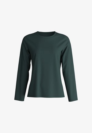 Langärmliges Shirt in Dunkelgrün, aus glattem Stoff; mit rundem Ausschnitt und figurbetontem Schnitt, der minimalistische Nähte aufweist.