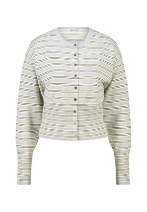 Cardigan boutonné à manches longues avec des rayures horizontales grises, blanches et jaunes, des poignets côtelés et un col rond.