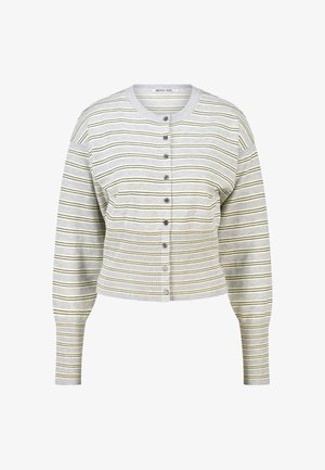 Cardigan boutonné à manches longues avec des rayures horizontales grises, blanches et jaunes, des poignets côtelés et un col rond.