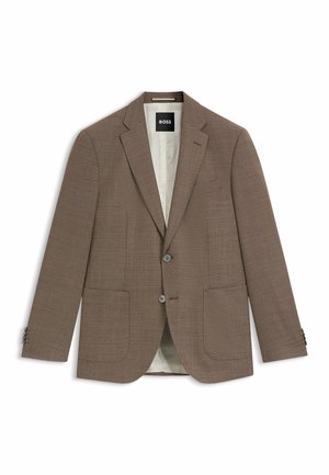 Blazer en pied de poule marron avec deux poches avant, deux boutons, revers pointus et doublure intérieure de couleur claire. Étiquette de marque visible.