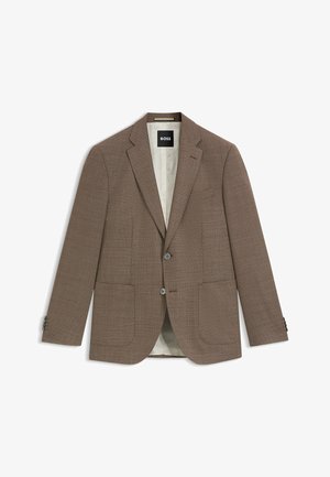 Ruskea houndstooth-mallinen bleiseri, jossa on kaksi etutaskua, kaksi nappia, teräväkaariset laput ja vaalea sisävuori. Brändilabel näkyvissä.