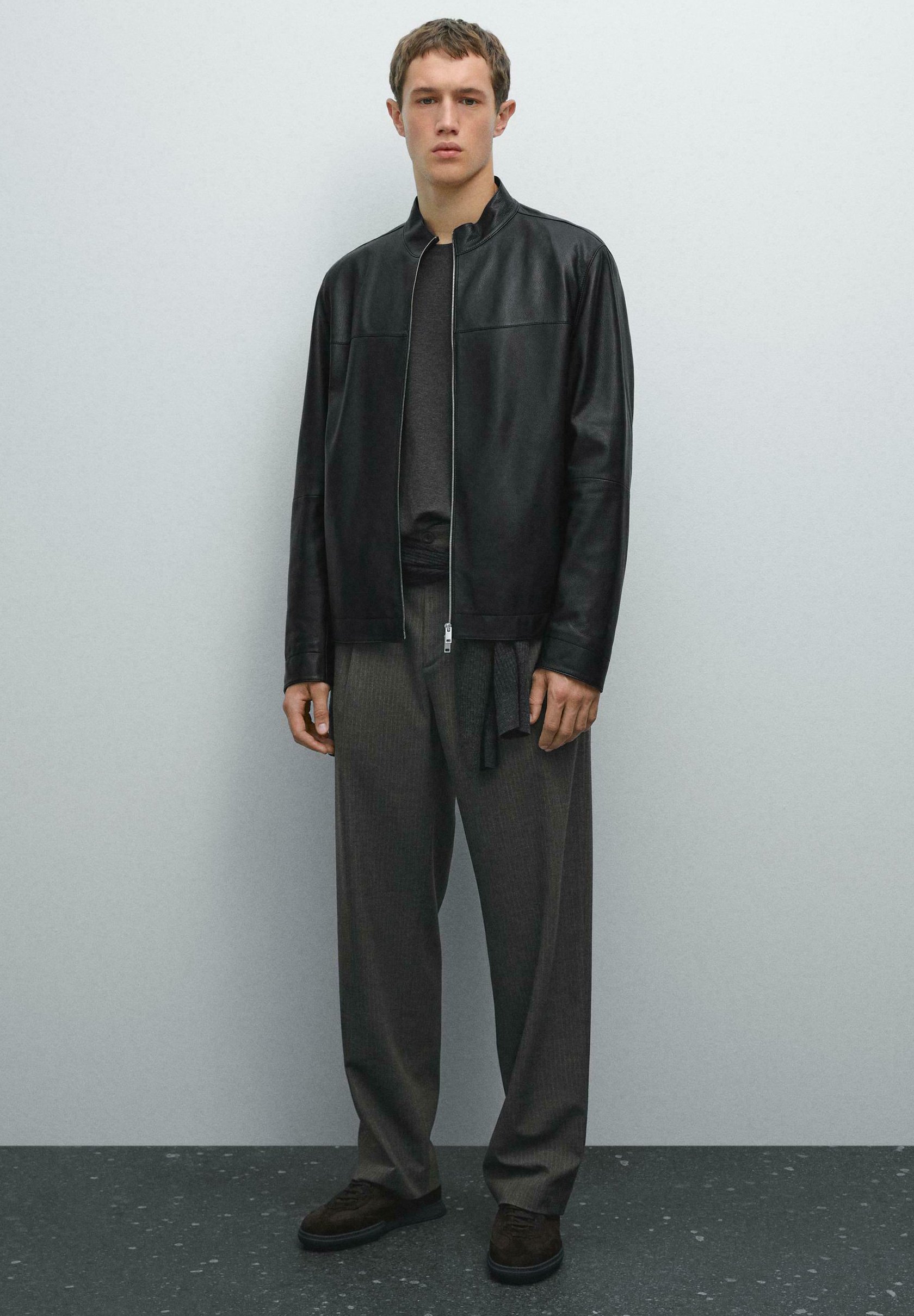 Massimo Dutti HIGH COLLAR NAPPA FINISH - Leather jacket - black