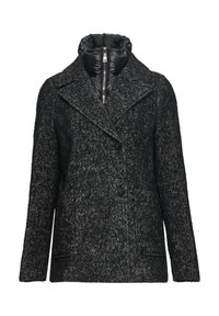 Abrigo de tweed negro y gris de doble botonadura con un forro interno acolchado, grandes solapas y bolsillos frontales. Presenta botones oscuros y un patrón texturizado.